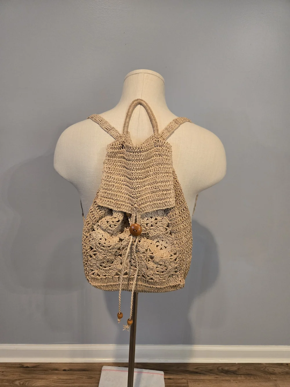 Beige Straw Crochet Drawstring Backpack